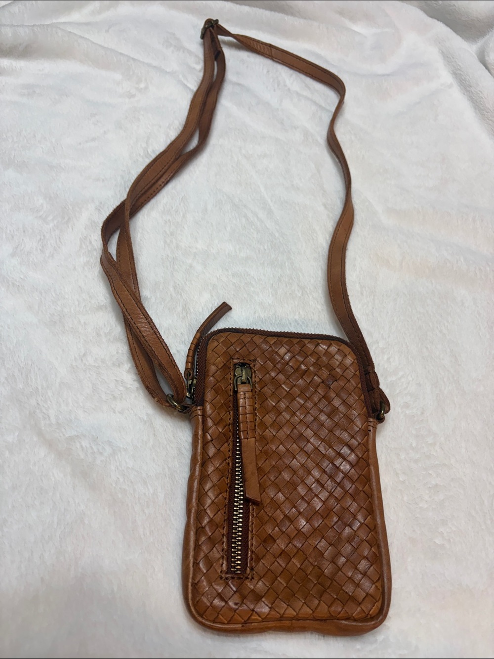 Woven Leather Crossbody Phone Bag in Cognac